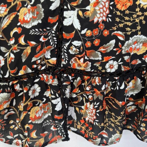 ANA Bold Black Maximal Floral Tie Neck Long Sleeve Peasant Boho Blouse Size PL - Picture 7 of 11